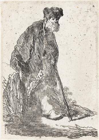 REMBRANDT VAN RIJN Man in Coat and Fur Cap Leaning against a Bank.